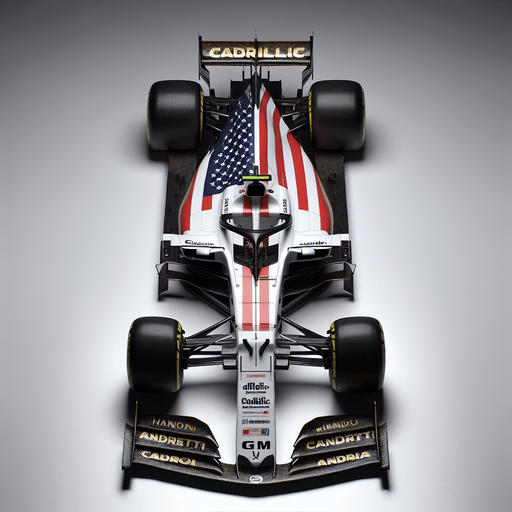 Photorealistic Cadillac F1 race car, top view.
Replace Cadillac text to golden coloured ,,Cadillaic" text on black rear wing.
Big American flag on white body. 
White ,,Andretti" and gm text on black front wing.