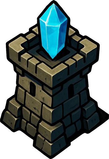 torre con cristal encima desde arriba.
In-Game asset.  2d.  High contrast.  No shadows