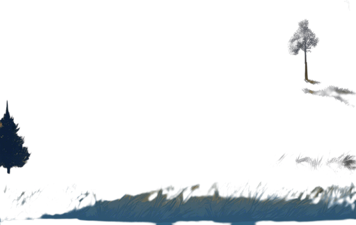 Remove dithering and blur and use instead crisp areas using five tone shading from vector art. No changes to the content of the image: it's still an empty battlefield meadow with a few trees along the edges.