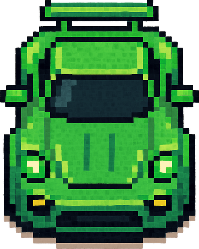 un auto verde deportivo con perspectiva desde arriba hecho con pixeles.
In-Game asset.  2d.  High contrast.  No shadows con perspectiva trasera