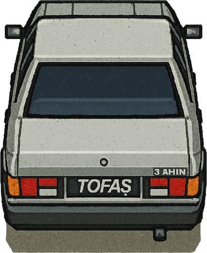 Tofaş Şahin, seen from behind

Top-down, gta2, Single Game Texture. In-Game asset. 2d. Blank background. High contrast. No shadows.isometric