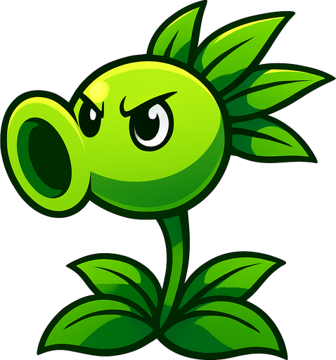 Una planta de color verde brillante, con un cuerpo principal esférico que se estrecha hacia adelante para formar una boca grande y redonda. De la parte posterior de su cabeza, brotan varias hojas puntiagudas. Tiene dos ojos grandes y redondos, con pupilas negras, y su expresión es decidida. Su tallo es delgado y verde, anclado en un grupo de hojas más grandes en la base..
In-Game asset.  High contrast.  No shadows