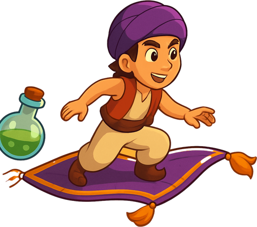 Fullscreen modern App Store landscape banner, 16:9, high definition, for a game titled "Sihirli Halı: Çöl Macerası" and with the description "Sihirli halı ile çöl manzarasında süzül, altın ve iksirleri topla, düşmanlardan kaç ve çıkış kapısına ulaş!". No text on banner!