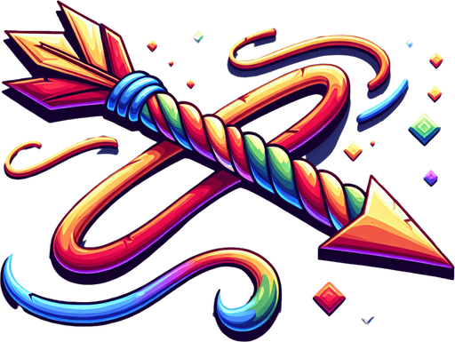 a sharp cartoon-style arrow flying to the right, with colorful string, 2D game asset, minimal shading, pixel-perfect edges, isolated, flat art style.
Single Game Texture.  In-Game asset.  2d.  Blank background.  High contrast.  No shadows
