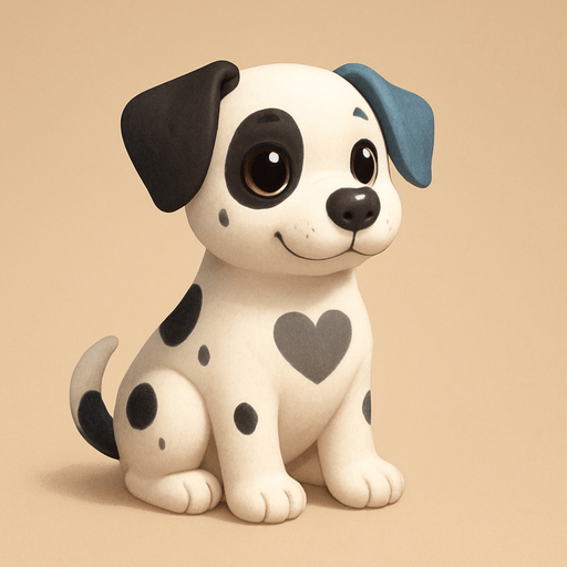 A white dog with black spots on him and one ear black and one ear blue. Make it a sitting dog with a heart grey hole in the middle of the body and make it SOOOO  cute with big cute eyes with shines in them and make the dog facing right.
Kinda 3d. Some Shadows.