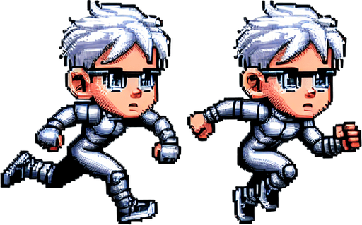 Horizontal Endless Runner Cyberpunk Kid dressed in silver with white hair and shades, running sprite sheet of 2 frames, retro super nintendo graphics..
Single Game Texture. In-Game asset. 2d. Blank background. High contrast. No shadows.