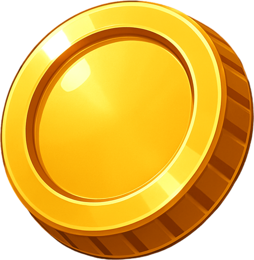 Create a shiny golden coin (token) asset for a game. The coin should have a polished, reflective surface with subtle engravings or ridges around the edge. It should look 3D with soft highlights and shadows to give depth. The size should be suitable as a collectible power-up floating slightly above the ground. Style should be clean and vibrant, fitting a modern arcade or action game..
In-Game asset.  2d.  High contrast.  No shadows