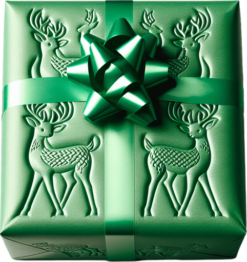 Green Christmas wrapped box with deer designed, front view.