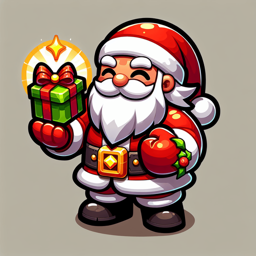 christmas present for kind santa, cartoon, power up Single Game Texture. In-Game asset. 2d. Blank background. High contrast. No shadows.