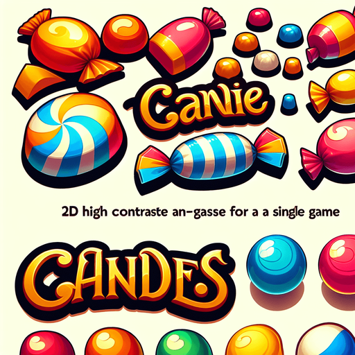 scritta caramelle.
Single Game Texture. In-Game asset. 2d. Blank background. High contrast. No shadows.