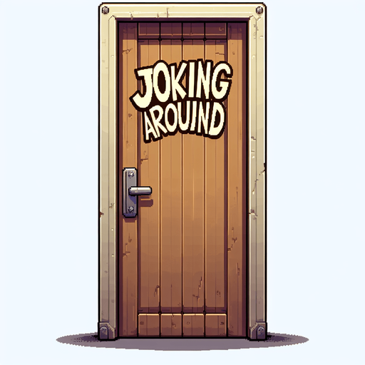 A door with the words Joking Around on it.
Single Game Texture.  In-Game asset.  2d.  Blank background.  High contrast.  No shadows