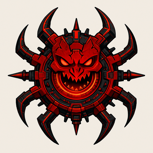 Topdown view, flying red demonic virus boss, evil-looking, sharp edges, glowing red core, cyber style, futuristic tech details, no background, circular, symmetrical.
In-Game asset.  2d.  High contrast.  No shadows