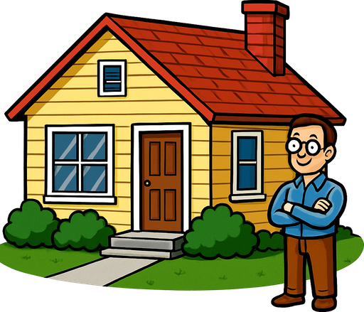 A realistic house with owner.
In-Game asset.  2d.  High contrast.  No shadows