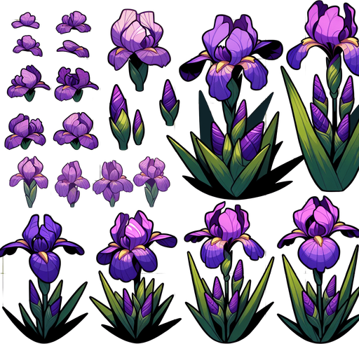 A sprite sheet of different purple iris seen from above. Cartoon. All similar size. Just the blossom. Bold colors and shading. 
Single Game Texture. In-Game asset. 2d. Blank background. High contrast. No shadows.