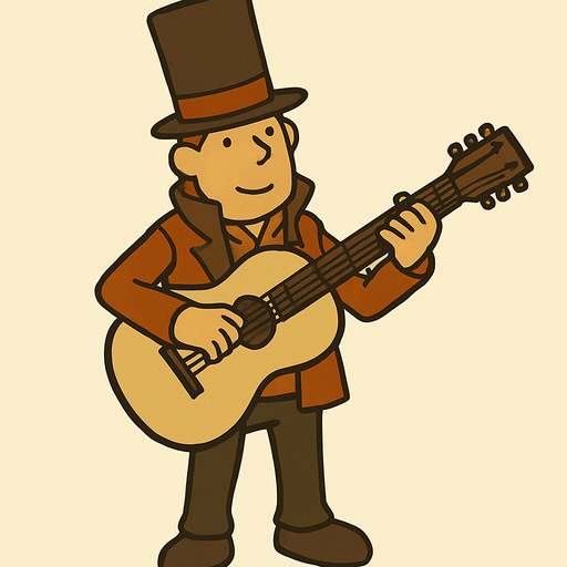 Gutair professor Layton game style.
In-Game asset.  2d.  High contrast.  No shadows