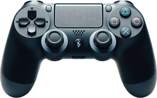 A sleek game controller inspired by a PlayStation design, viewed from a front perspective. On the left side, there is a cluster of four directional arrow buttons arranged in a cross pattern. On the right side, four distinct circular buttons are arranged in a diamond shape, each with a unique symbol: a blue button with a simple 'X', a red button with a 'O', a green button with a triangle, and a pink button with a square. The controller itself is ergonomic, with a clean and modern design, featuring a matte black surface and subtle accents for a polished and professional gaming aesthetic..
Single Game Texture. In-Game asset. 2d. Blank background. High contrast. No shadows.