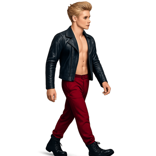 Same pose profile view walking animation, shiny black leather biker jacket longsleeves shirtless Skinny abs blonde pompadour guy, wine red joggers combat boots, Background removed, "Full-body character, entirely in frame, no cropping of face, head, or feet" "Complete character visible, from head to toe, fully centered in the image" "Entire character, including face and boots, fully within the frame" Character fully contained within a square frame, no edges cut off fashion model idle pose