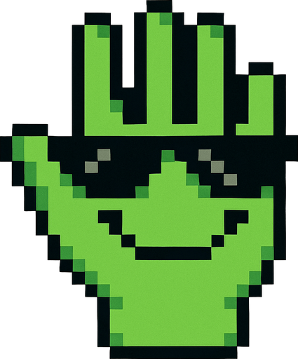 make an 2d green pixel hand palm with sun glasses and smile.
In-Game asset.  2d.  High contrast.  No shadows