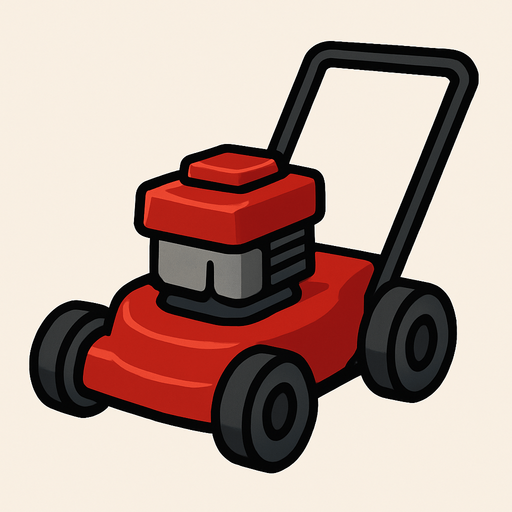 Una podadora de césped compacta y robusta, predominantemente de color rojo vibrante. Tiene un motor gris con una tapa roja en la parte superior. Cuenta con cuatro ruedas pequeñas y oscuras, y un mango largo y negro en forma de "U" invertida que se extiende hacia atrás..
In-Game asset.  2d.  High contrast.  No shadows