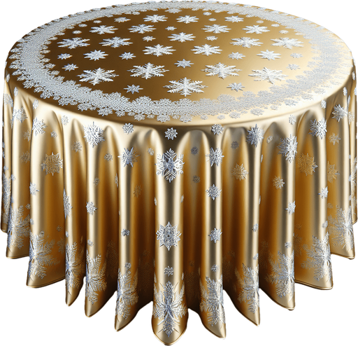 Photorealistic gold-colored, silver snowflakes Christmas tablecloth, front view.