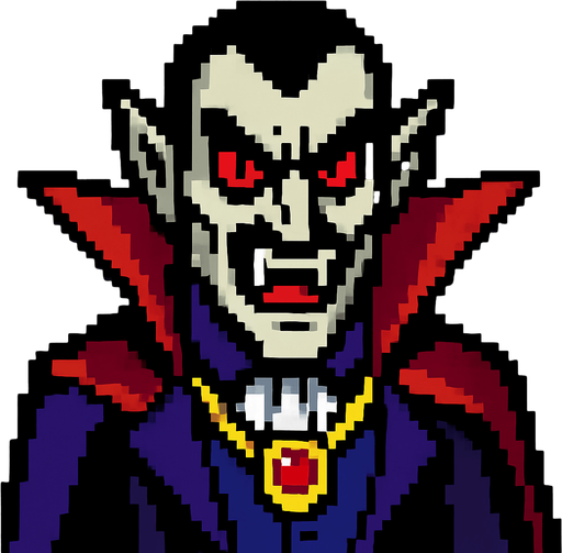 Vampire baron evil pixel.
In-Game asset.  2d.  High contrast.  No shadows