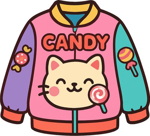 cute candy cat design jacket top view..
In-Game asset.  2d.  High contrast.  No shadows