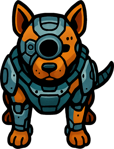 Perro ciborg visto desde arriba.
In-Game asset.  2d.  High contrast.  No shadows