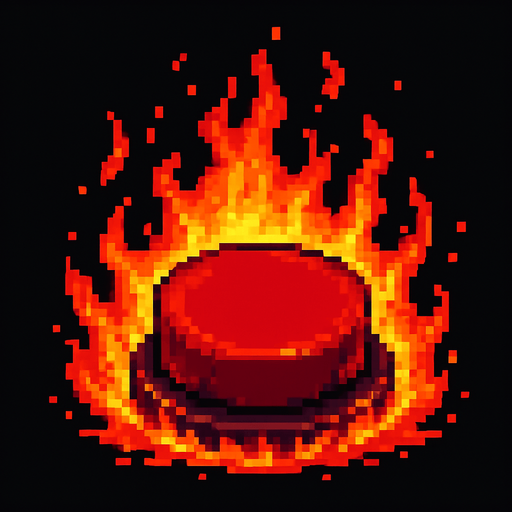 700x700(total size) black red button (like hell fire around and into button) (cute pixel art). no writing
No shadows