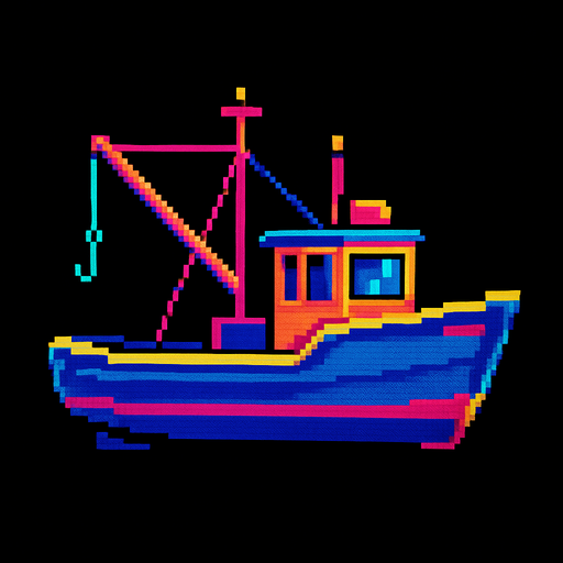 A small fishing boat. Full side profile view. 80s arcade machine graphics. no background