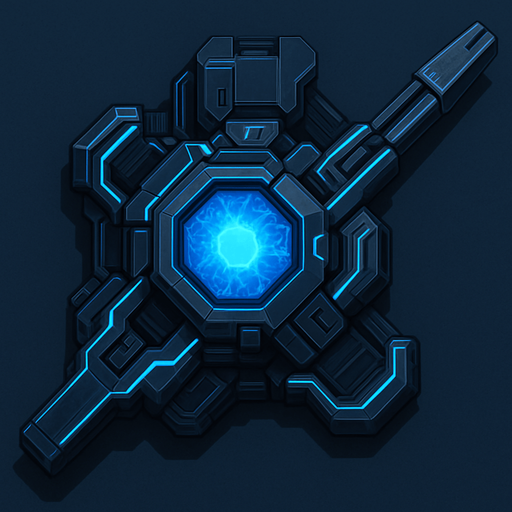 top-down view, futuristic digital defense turret, heavy energy core, metallic cyberpunk style, blue glowing lines, anti-virus cannon.
In-Game asset.  2d.  High contrast.  No shadows