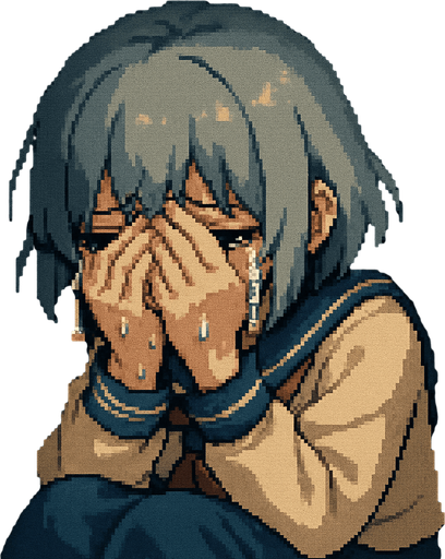 Yui is a cute 15-year-old anime girl with big black eyes and short, soft blue-gray hair (HEX: #b0b9d8). She wears a traditional Japanese school uniform called a sailor fuku. In this Pixel Art scene, Yui is clearly devastated—she’s hunched over in a slouched, defeated posture, crying intensely. Many visible tears stream down her cheeks, slipping past her fingers as she covers her face with both hands. Her entire body language screams sadness; it’s raw, heavy, and impossible to ignore. She’s inside a school locker, and although she’s looking outward through the metal grate, her face is mostly hidden behind her trembling hands. The entire scene is viewed from inside the locker, with soft light coming through the vents, casting delicate shadows across her curled-up figure and highlighting the depth of her heartbreak. The atmosphere is heavy, emotional, and quietly heartbreaking—yet still family-friendly in tone.