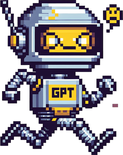 pixel art of a chat gpt robot running with gpt engraved on his chest and a smiley face on his robot visor.
Single Game Texture. In-Game asset. 2d. Blank background. High contrast. No shadows.