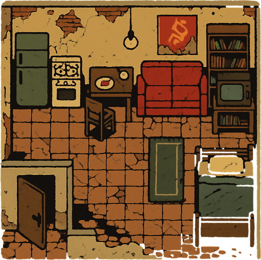 A 80's Soviet apartment, slightly ruined but in use.
In-Game asset.  2d.  High contrast.  No shadows. Top down view