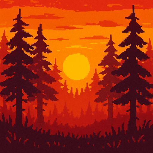 Draw me an image of a forest as the sun sets in the evening. 2d pixel.
In-Game asset.  2d.  High contrast.  No shadows