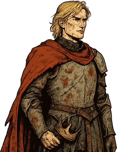 A young prince in a tattered royal cloak, wearing armor half-covered in mud and blood. Male, 31 years old, tall and proud despite exile, with golden blond hair to his shoulders, piercing blue eyes, and fair skin hardened by years of hardship. A broken crown hangs from his belt. He stares out over a ruined battlefield with determination. Realistic, highly detailed, noble tragic style. realistic.
In-Game asset.  2d.  High contrast.  No shadows