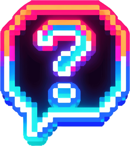 pixel art speech bubble that says "?" neon color.
Single Game Texture. In-Game asset. 2d. Blank background. High contrast. No shadows.
