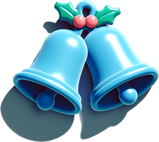 a couple of christmas bells. plastic style. Single Game Texture. In-Game asset. 2d. Blank background. High contrast. No shadows.