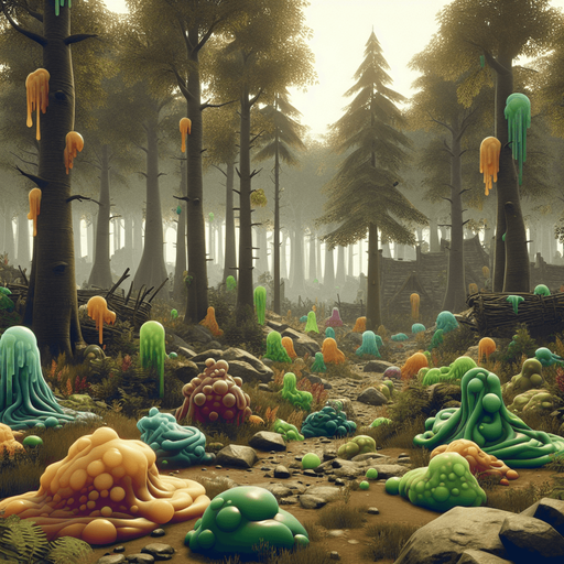Fullscreen medieval landscape banner, 16:9, high definition, for a game titled "Slime Bestiary". Medieval forest with multiple colored slimes. No text on banner!