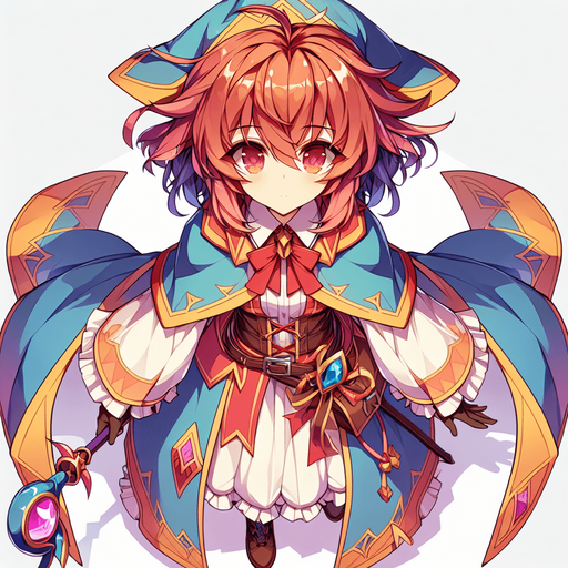 top down anime mage character.
Single Game Texture.  In-Game asset.  2d.  Blank background.  High contrast.  No shadows