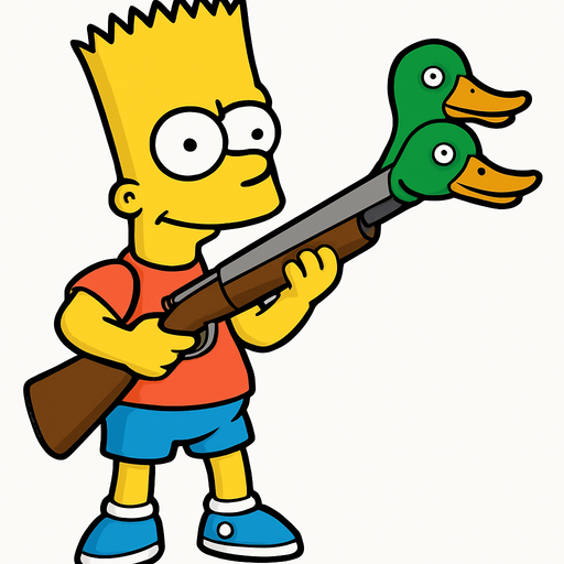 Bart holding a shotgun with 2 duck heads instead of barrels and make sure that Bart's body is fully visible
In-Game asset.  2d.  High contrast.  No shadows