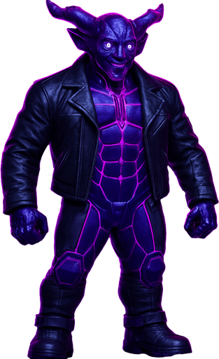 Black leather biker jacket longsleeves bare segmented neon cyberpunk pecs abs muscles robot monster hunk Neon cyberpunk 3d hologram corporate occult demon android mecha robot sentinel guard soldier machine monster fully in frame no part cut off no background anime futuristic Background removed, "Full-body character, entirely in frame, no cropping of face, head, or feet" "Complete character visible, from head to toe, fully centered in the image" "Entire character, including face and boots, fully within the frame" Character fully contained within a square frame, no edges cut off  horns through boots