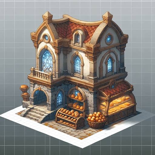 An bakery in a RTS fantasy style Single Game Texture. In-Game asset. 2d. Blank background. High contrast. No shadows.