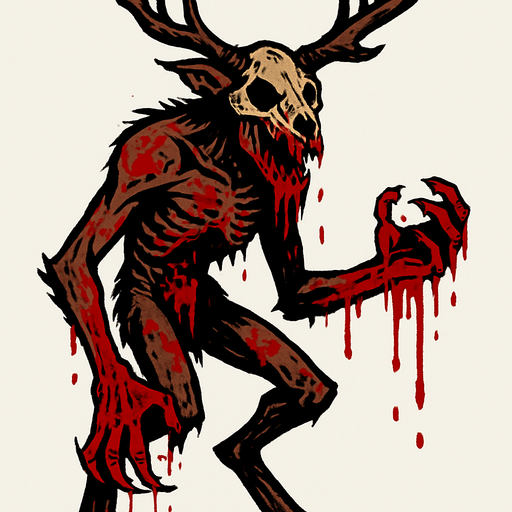 a wendigo with blood.
In-Game asset.  2d.  High contrast.  No shadows