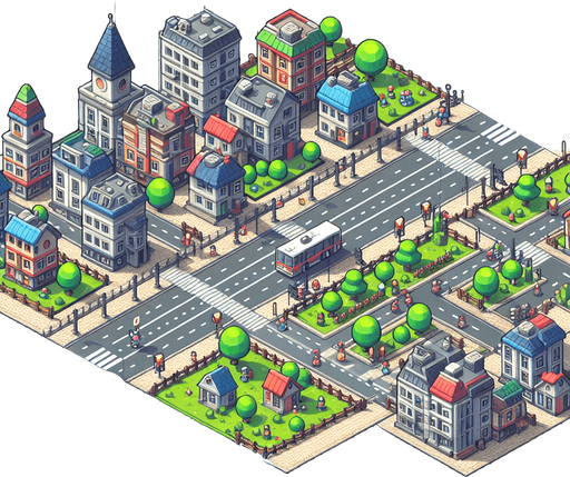 Loopable City image.
Single Game Texture.  In-Game asset.  2d.  Blank background.  High contrast.  No shadows