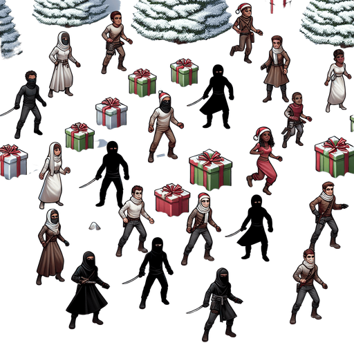 A beautiful winter snowy christmas landscape with ninja thieves kids lurking. Christmas gifts are hidden in the snow.
Single Game Texture. In-Game asset. 2d. Blank background. High contrast. No shadows.