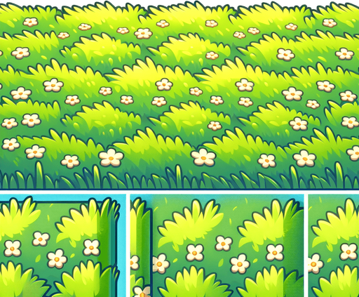 A repeating grassy field. Cartoon
Single Game Texture.  In-Game asset.  2d.  Blank background.  High contrast.  No shadows