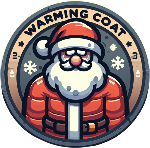 icon for santa with a thick warm coat, but his face is very cold, on a circle, with the text at top: "warming coat", cartoon Single Game Texture. In-Game asset. 2d. Blank background. High contrast. No shadows.