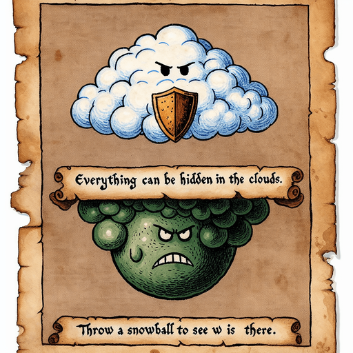 a pergament with a snowball and two clouds, in one cloud is a powerful shield hidden, in a other cloud is a grinding grinch with a bomb.  There is the text: "Everything can be hidden in the clouds. Throw a snowball to see what is there."