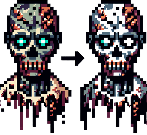 Make an 8-bit zombie.
Single Game Texture.  In-Game asset.  2d.  Blank background.  High contrast.  No shadows