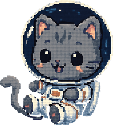 A cute gray chibi-style anime kitten, dressed in an astronaut suit and drifting through the universe, rendered in Pixel Art.
